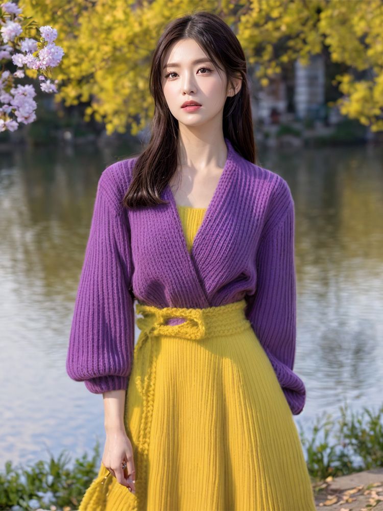 Yellow Winter Clothing - Purple Splicing Yellow Ankle-Length Sweater Dress